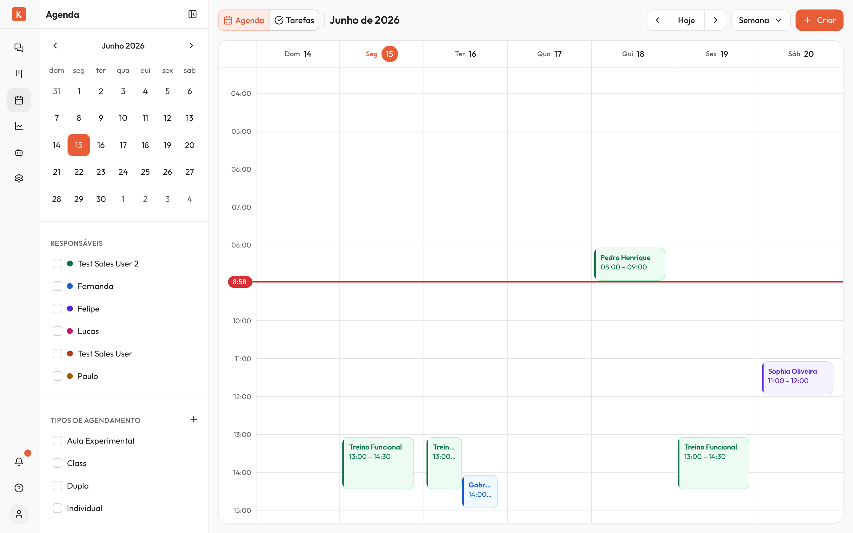 Agenda na visualização semanal, com a barra superior mostrando as setas de navegação, o botão 'Hoje', o seletor de visualização 'Semana' e o botão 'Criar'.