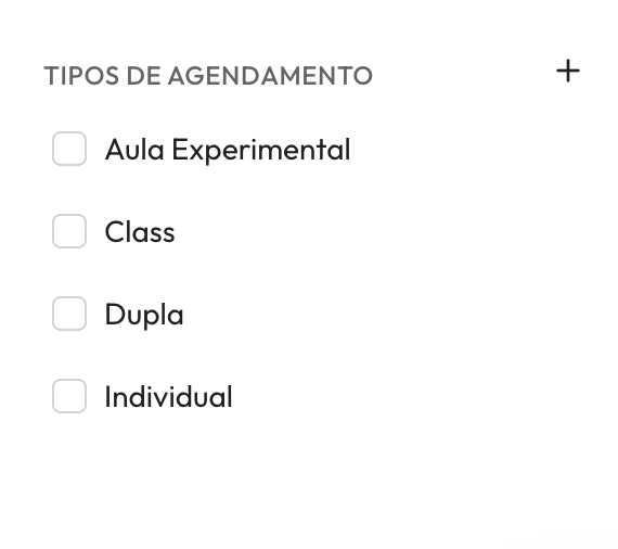 Barra lateral da Agenda mostrando o mini-calendário no topo, a seção 'Responsáveis' com a lista de atendentes (cada um com uma bolinha colorida e checkbox), e a seção 'Tipos de agendamento' com a lista de tipos, checkboxes e um botão '+' no cabeçalho.