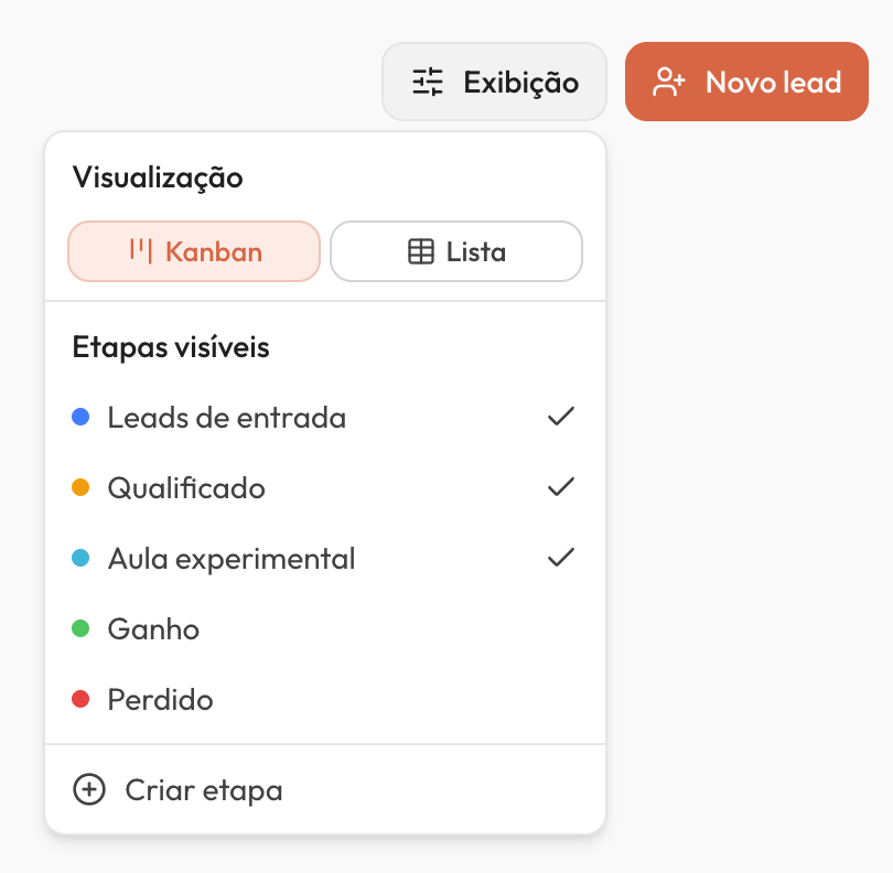 Menu 'Exibição' aberto com a seção 'Etapas visíveis' listando as etapas (Leads de entrada, Qualificado, Aula experimental, Ganho, Perdido) e o item 'Criar etapa' no rodapé.