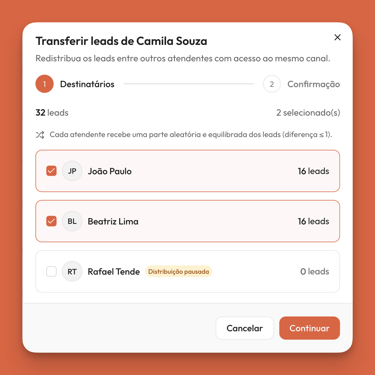 Janela 'Transferir leads de Camila Souza' na etapa Destinatários: contador '32 leads' e '2 selecionado(s)' no topo, aviso 'Cada atendente recebe uma parte aleatória e equilibrada dos leads (diferença ≤ 1)', e uma lista de atendentes com checkbox, avatar, nome e a contagem de leads esperada — João Paulo com 16 leads e Beatriz Lima com 16 leads marcados, Rafael Tende sem marcação e com o selo 'Distribuição pausada'.